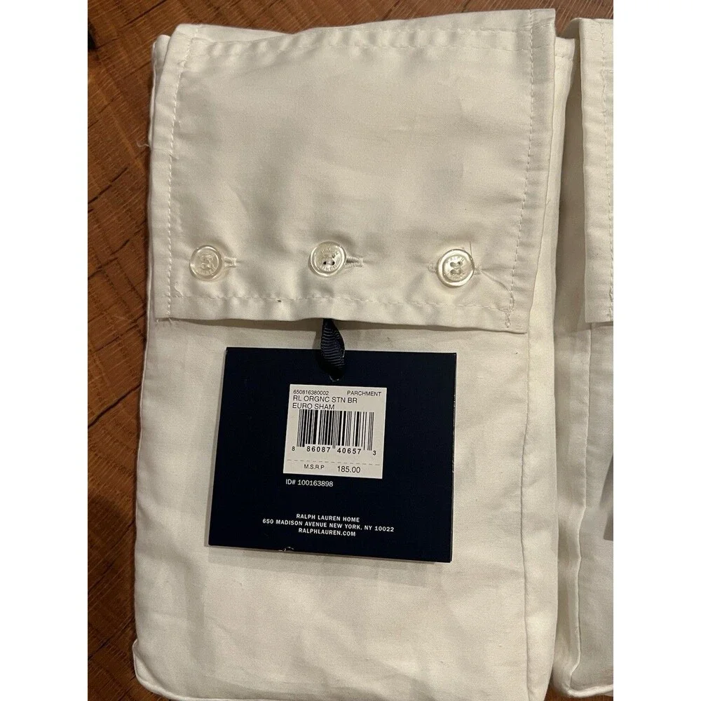 LOT 2 Ralph Lauren RL Organic Sateen Border European Shams 26x26” Parchment Whit